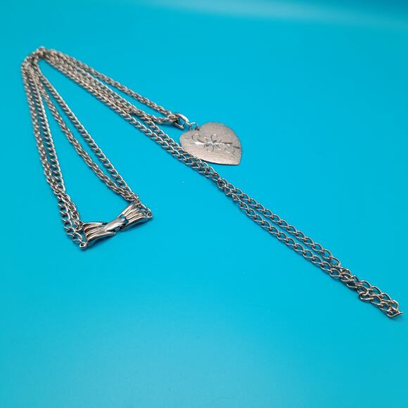 Vintage Heart Layered Long Necklace, Etched Pendant, Silver Tone, 25" - Picture 3 of 9